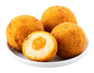 Crispy golden spheres filled with a luscious, bright orange core, perfect for a delightful treat.