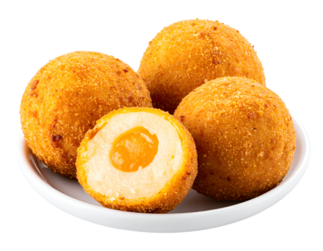Crispy golden spheres filled with a luscious, bright orange core, perfect for a delightful treat.