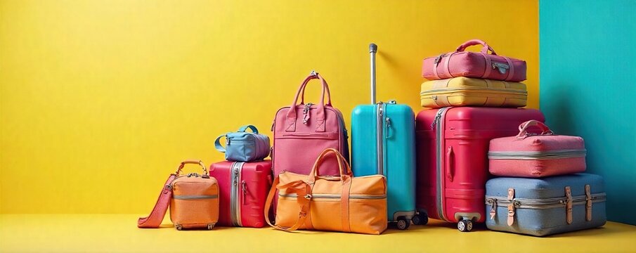 A colorful array of suitcases and travel bags neatly stacked, ready for a holiday adventure Bright, cheerful, and evocative of summer travel and exciting destinations , adventure, getaway, relaxation