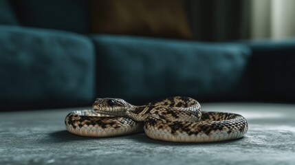 Fototapeta premium Coiled patterned snake posed on gray surface, blurry blue background with brown pillow