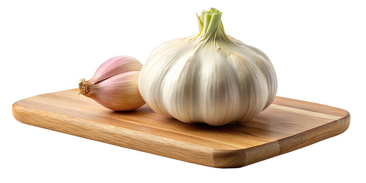 Two whole bulbs of fresh garlic and a single clove of garlic resting on a wooden cutting board isolated on transparent background