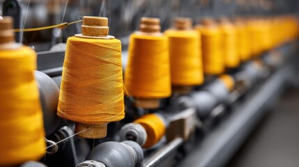 Thread spools feeding into a modern weaving machine in a textile facility