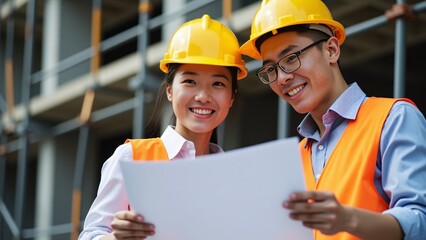 Young Engineers Reviewing Plans on Construction Site