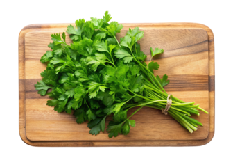 Fresh bunch of curly parsley tied with twine on a wooden cutting board isolated on transparent background