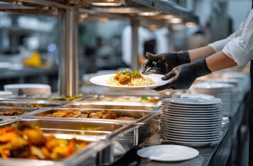 A chef carefully serves a delicious plated meal from a vibrant buffet line, showcasing fresh ingredients and culinary expertise.