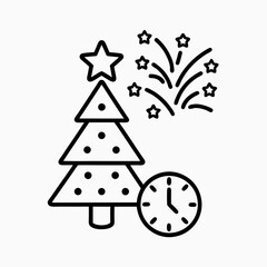 Christmas Tree with Fireworks and Clock Illustration for Holiday Greetings, Seasonal Marketing, Event Promotion, and Festive Websites  