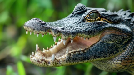 Obraz premium Close up view of alligator head with teeth and green background