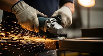 Metalworker cutting steel with angle grinder producing bright sparks in a workshop