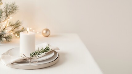 Minimalist christmas table setting with burning candle, rosemary, plates, napkin and christmas lights, copy space