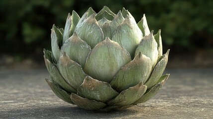 Close up of a ripe artichoke resting on a stone surface, showcasing its intricate layers and textured leaves against a blurred background