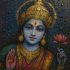 Goddess Lakshmi Street Art with Gold Leaf and Rain Droplets on Asphalt. Macro Close Up of Hindu Deity Mural After Rain with Lotus and Jewelry