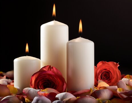 white candles with roses and flowers petals funeral memrial sympathy and condolences card death notice
