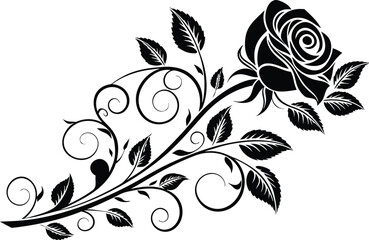 Elegant black rose with swirling vine and leaves floral