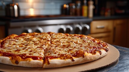A pizza with cheese and pepperoni sits on a cardboard box