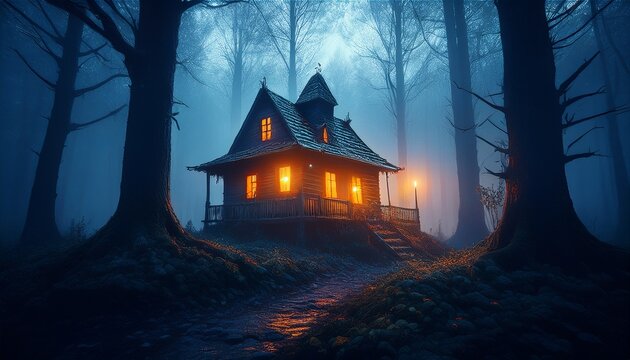a spooky cabin with glowing windows stands in a dark foggy forest - Powered by Adobe
