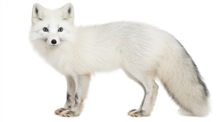 Obraz premium Arctic Fox Standing Against White Background. Possible Use Educational or scientific resource