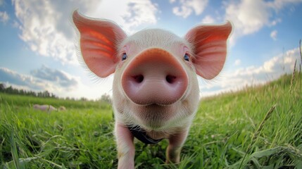 Close-up of adorable piglet in grassy field