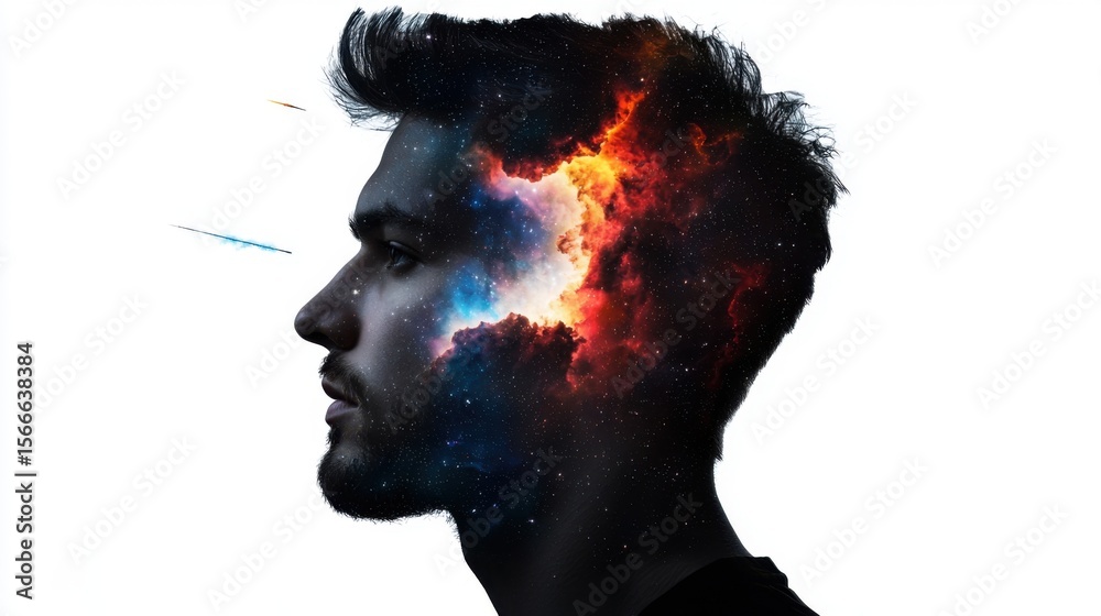 Canvas Prints a man's head is shown in a space-like setting with a bright red and blue cloud
