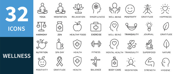 Wellness icons collection yoga meditation relaxation mindfulness well being positivity gratitude happiness harmony zen healthy food exercise tranquility journal nutrition spa day health fitness