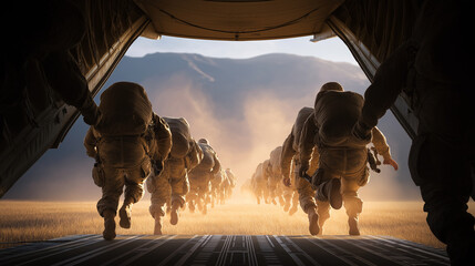 Paratroopers deploying from transport vehicle in military airdrop operation