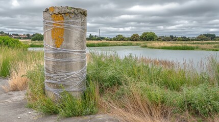 Obraz premium Weathered Concrete Pillar Surrounded by Lush Greenery and Water
