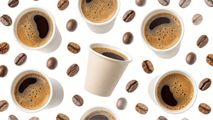 Obraz premium pattern with roasted brown coffee beans and hot espresso cups perfect for a morning break