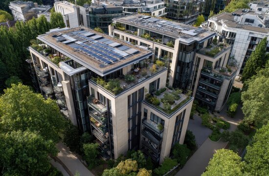 Fototapeta Modern urban apartments with green roofs and solar panels offer sustainable city living.