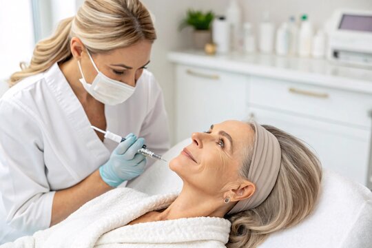 Aesthetician injecting skin booster into mature woman's forehead in sterile spa.

