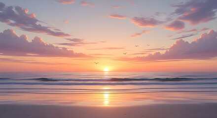 Fototapeta premium Gentle Pastel Sunset Above a Tranquil Ocean Shore