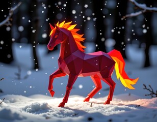 the image features a striking, stylized figure of a horned horse, constructed from geometric shapes, reminiscent of origami or faceted sculpture, the figure is a deep red color