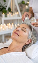 woman having a massage, Facial cupping treatment being performed on a mature woman in elegant white spa.