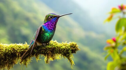 Fototapeta premium Hummingbird perches on mossy branch, surrounded by green foliage & misty mountain backdrop