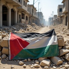  A Palestinian flag (black, white, green, red) draped over a makeshift barricade of rubble and stones in a conflict zone. The flag is dusty but intact, contrasting with the chaotic surroundings. The b