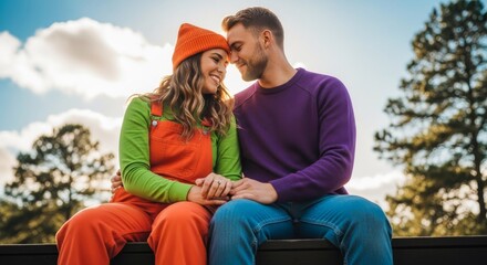 Happy young couple wearing colorful clothes holding hands and smiling at each other while sitting on a bench in a park, enjoying a sunny day surrounded by trees