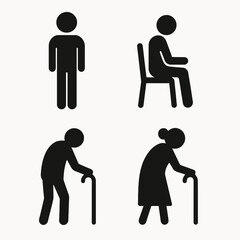 very simple flat and single minimalist Stick Figures & Elderly Silhouettes in black on a white background
