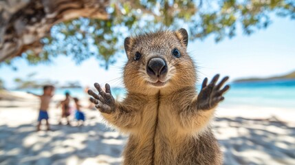 Cute joey on a beach, reaching out