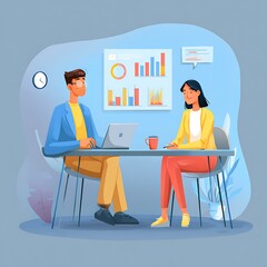 Professional duo analyzing social media metrics for job interview