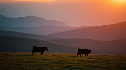 Silhouettes of cows grazing on a pasture at sunset with rolling hills and mountains in the background. Peaceful rural scene symbolizing agriculture, livestock, and nature.