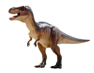 A powerful ancient dinosaur, a majestic prehistoric creature, stands poised with its mouth open, revealing sharp teeth.