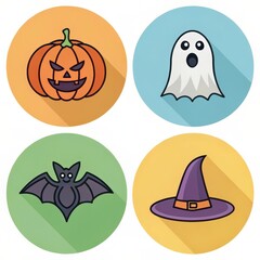 Fototapeta premium Set of colorful flat-style Halloween icons featuring a jack-o'-lantern, ghost, bat, and witch hat on round colored backgrounds.