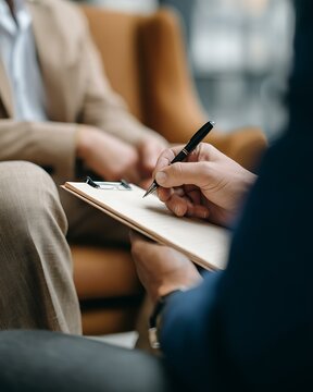 Closeup of applicant writing notes during interview
