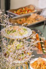 A colorful and delicious buffet spread featuring a wide variety of international dishes, including fizzy cola, lemon tart, creamy cheesecake, blueberry tart, crispy fried chicken, and savory pasta