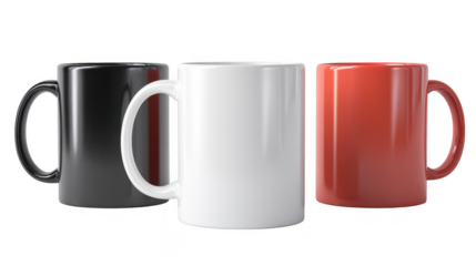 Three ceramic mugs in black white and red isolated on transparent background