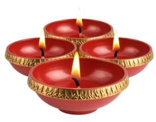 Four vibrant red and gold traditional Diya lamps glow warmly, symbolizing festive celebrations.