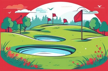 Country Golf Course With Flags, Greens And Sand,Red Flags For Golf,Blue Sky,Summer Golf Course