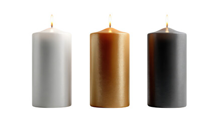 Three lit pillar candles in white gold and grey isolated on transparent background