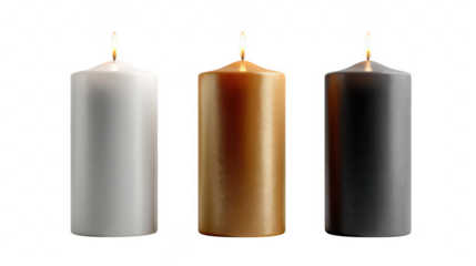 Three lit pillar candles in white gold and grey isolated on transparent background