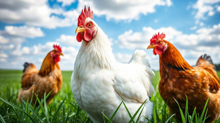 Fototapeta premium Group of chickens standing on green grass under a blue sky with clouds