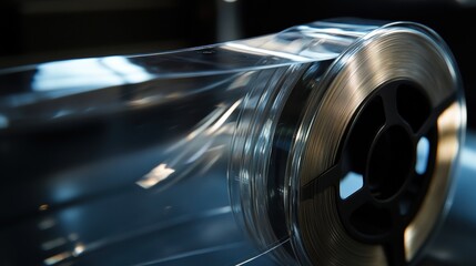 Fototapeta premium A close-up image of a tightly wound transparent plastic film roll on a black spool, showcasing its glossy texture and reflective surface.