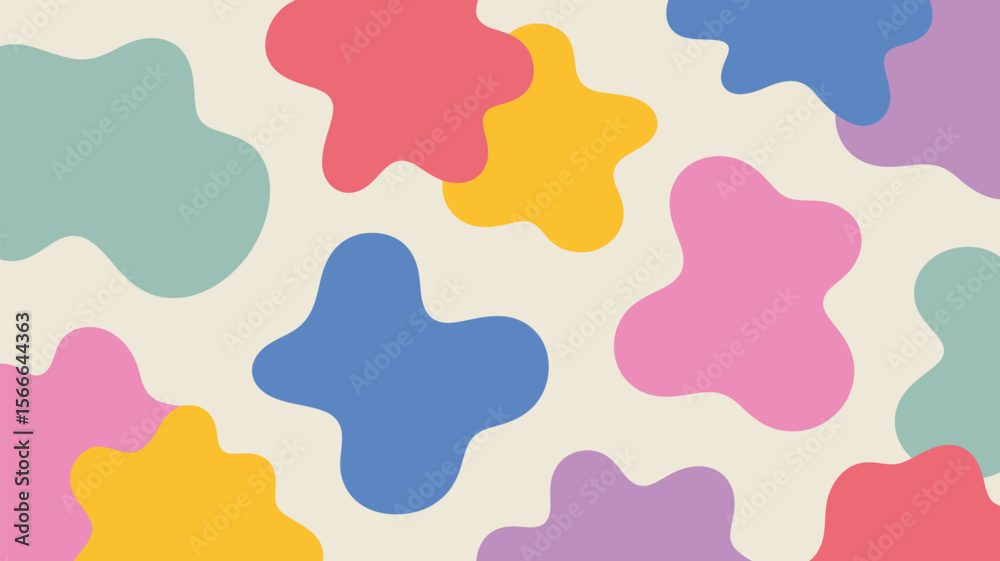 Poster a colorful abstract pattern with various shapes and colors scattered on a light beige background des